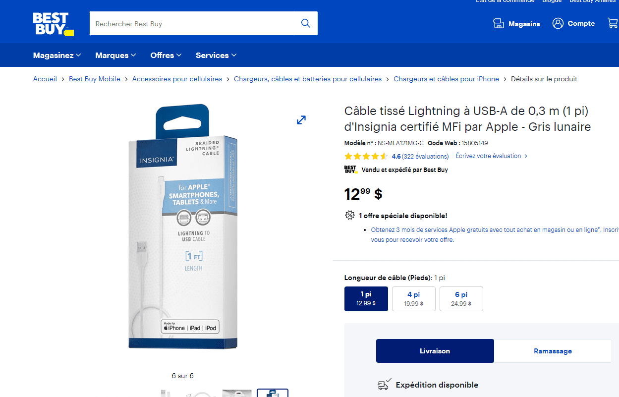 Câble tissé Lightning à USB-A de 0,3 m (1 pi) d'Insignia certifié MFi par Apple – Image 5