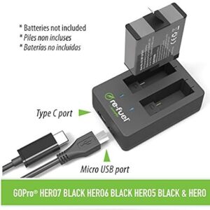 Dual Battery Charger for GoPro Hero8 Black, Hero7, Hero6 & Hero5 with Type-C & Micro USB Port - Includes 3.3ft Micro USB Charging Cable - Black